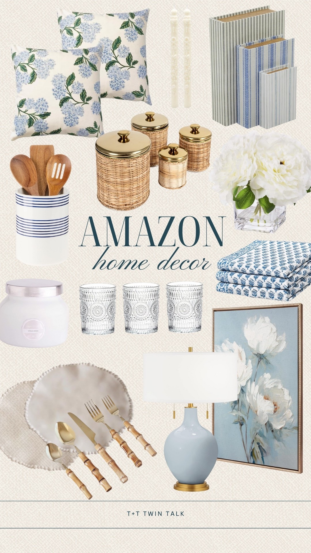 Amazon home decor we are loving! The textured glasses, utensil holder, and woven canisters are stunning for the kitchen area. We are also loving the patterned throw pillows, blue lamp, and striped books for the shelves. 

#LTKFindsUnder100 #LTKSeasonal #LTKHome