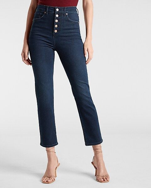 Super High Waisted Extra Supersoft Dark Wash Button Fly Slim Jeans | Express