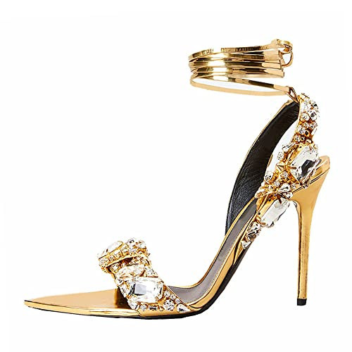 Kluolandi Women's Strappy Stiletto Heels with Crystal Lace Up Gladiator Sexy Open Toe High Heeled Sandals Gold Heels for Women Size 9.5 | Amazon (US)