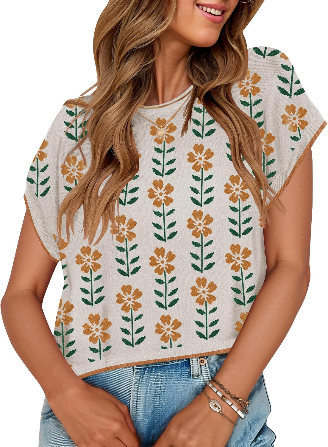 ZESICA Women's Summer Floral Print Short Sleeve Knit Sweater Vest | Amazon (US)