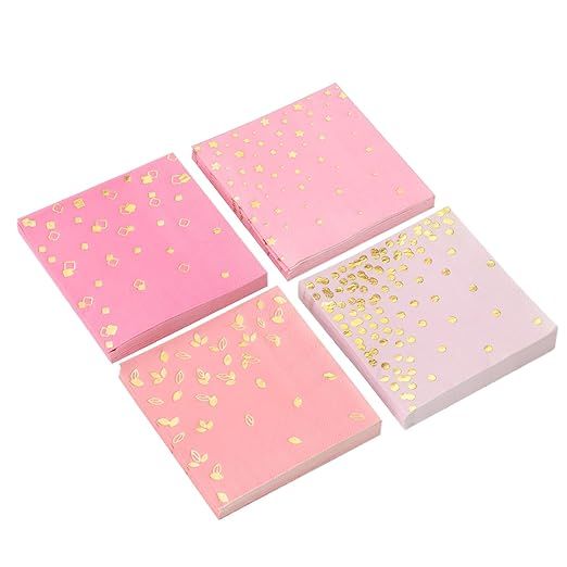 100 Pink Napkins - 4 Assorted Gold Designs - 3-Ply Cocktail Napkins Folded 5 x 5 Inches Bar Napki... | Amazon (US)
