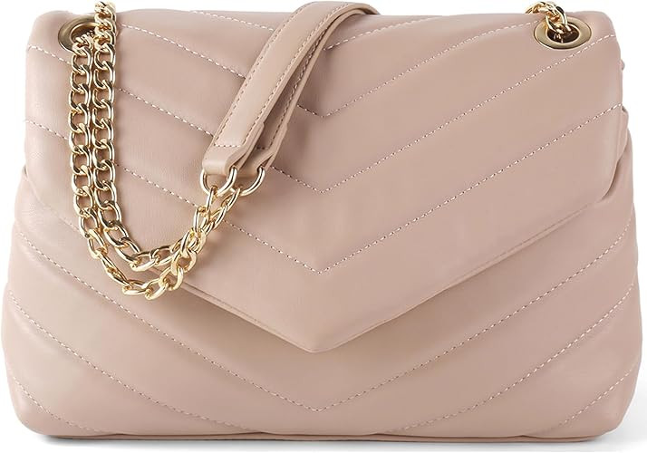 Quilted Crossbody Bag for Women, Soft Vegan Chevron Purses, Trendy Shoulder Handbags with Flap | Amazon (US)