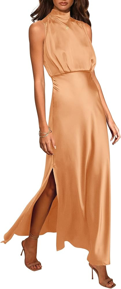 PRETTYGARDEN Women's Long Formal Satin Dress Mock Neck Sleeveless Side Slit Flowy Maxi Tank Dress... | Amazon (US)
