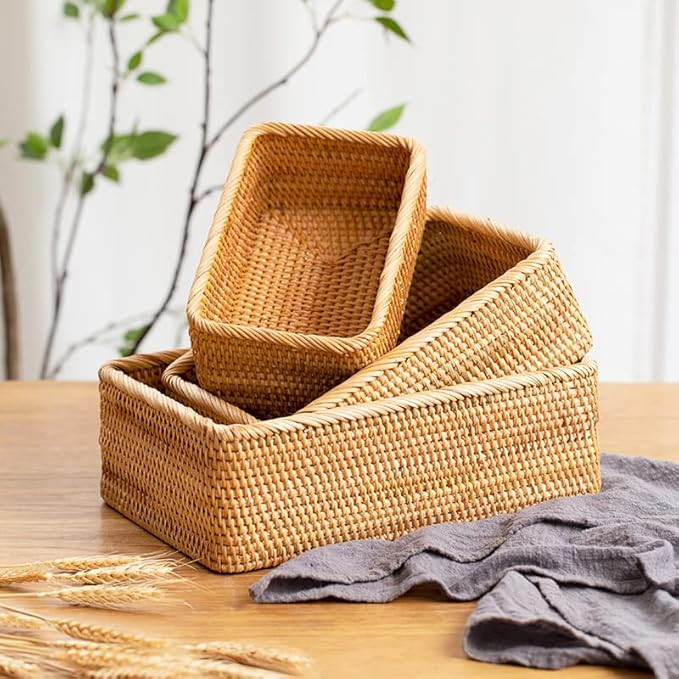 Natural Rattan Storage Baskets, Rectangular Woven Fruit Baskets, Wicker Decoration and Organizer ... | Amazon (US)