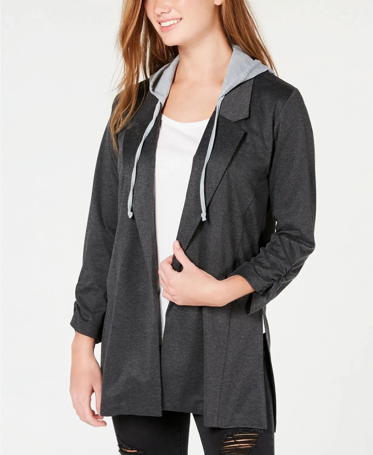 $118 Almost Famous Women Gray Hoodie Ruched Sleeve Blazer Jacket Sweater Size XS  | eBay | eBay US