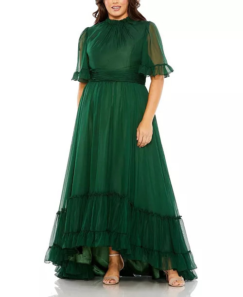 Plus High Neck Flutter Sleeve Ruffle Tiered High Low  Gown | Bloomingdale's (US)