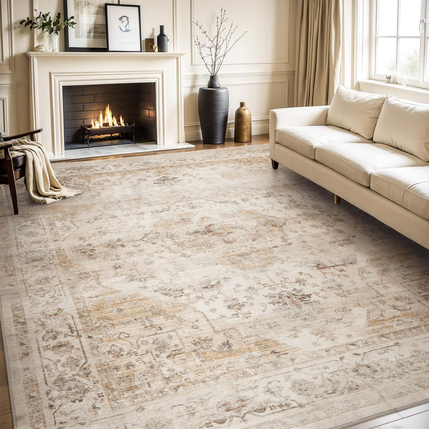AMOAMI-Area Rug 9X12 Rugs for Living Room-Vintage Soft Beige Rugs for Bedroom-Non Slip Carpet-Washable Rug for Dining Room Living Room Bedroom Office Under Table | Amazon (US)