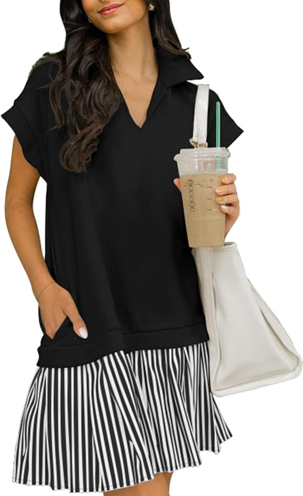 Women's V Neck Short Sleeve Summer Dress Patchwork Cap Sleeve Casual Loose Fit Pleated Striped Sh... | Amazon (US)