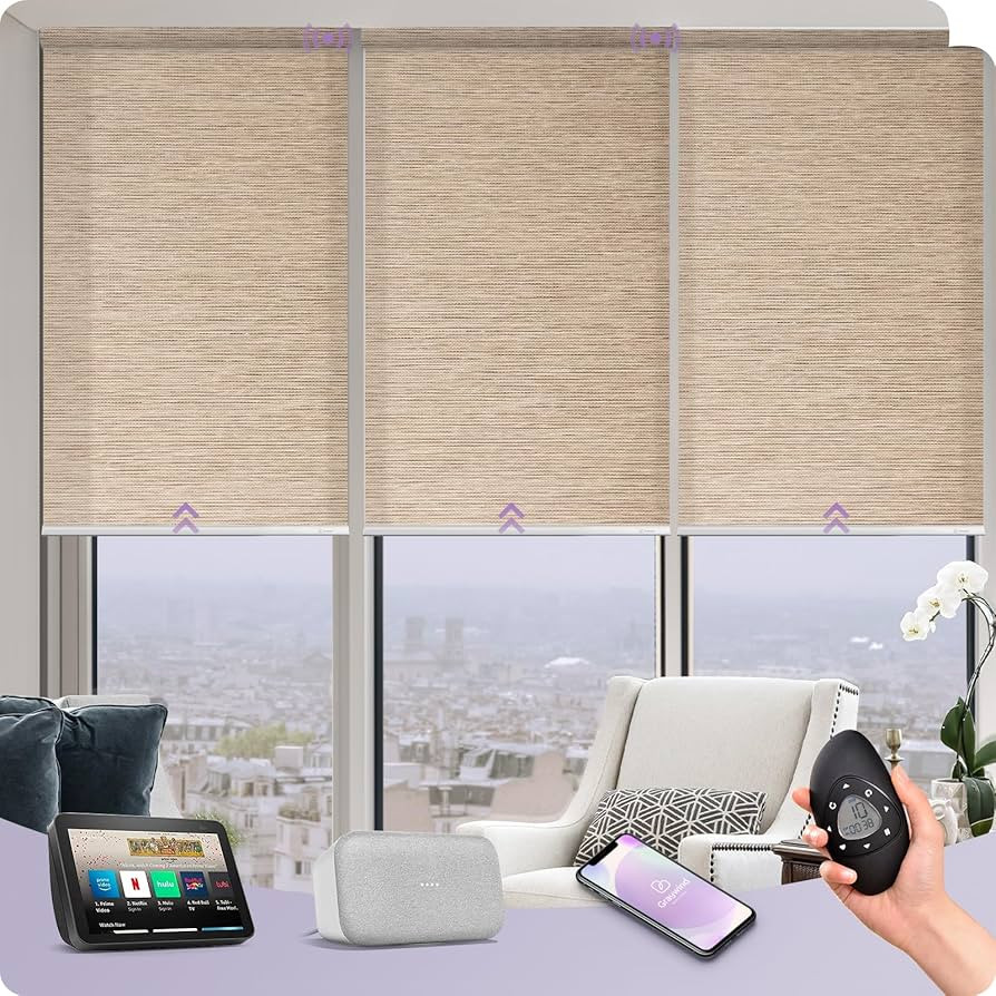 Graywind Motorized Natural Woven Roller Shades Half-Shading Compatible with Alexa Google Recharge... | Amazon (US)