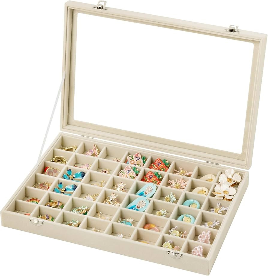Frebeauty 48 Grid Jewelry Tray,Adjustable Earring Holder Organizer with Glass Lid,Velvet Drawer J... | Amazon (US)