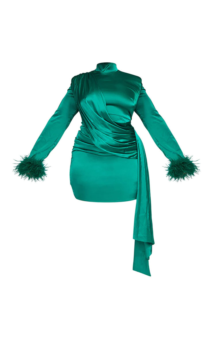 Plus Bright Green Feather Cuff High Neck Satin Drape Bodycon Dress | PrettyLittleThing US
