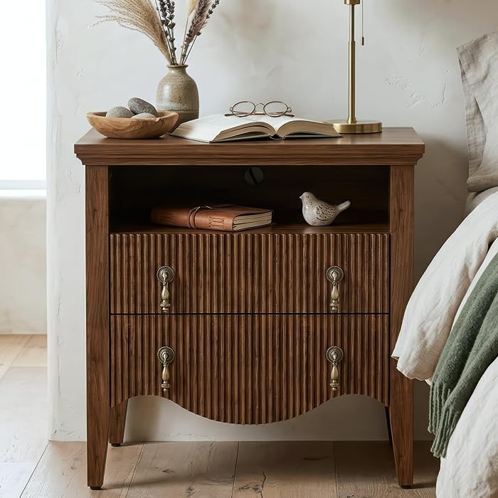 Fluted Nightstand with Charging Station & 2 Drawers,Walnut | Amazon (US)