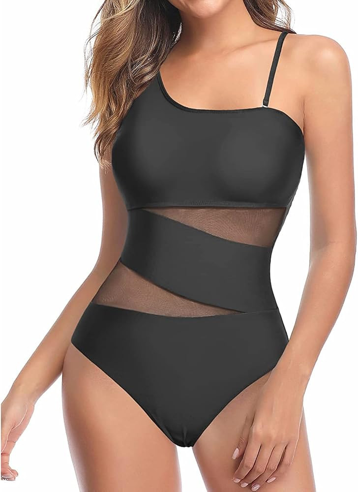 Tempt Me Women One Shoulder One Piece Swimsuits Full Coverage Cutout Mesh Sexy Bathing Suits Tumm... | Amazon (US)