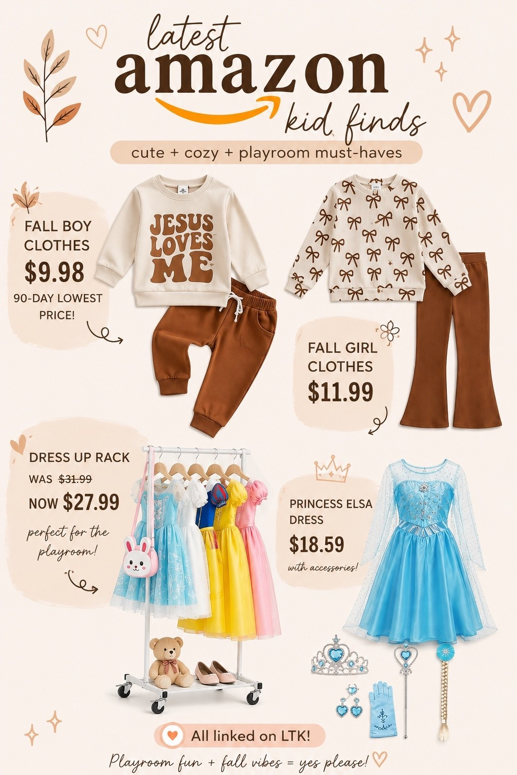 Amazon kids finds I actually bought lately 🤎🍂✨ A little bit of fall + a little bit of playroom fun!

🍁 Fall boy set — $9.98
90-day LOWEST price! 🙌 The “Jesus Loves Me” sweatshirt is too cute for fall. 🤎

🎀 Fall girl set — $11.99
The bows + flared pants?! 😍 Such a cute little fall outfit for an amazing price.

👗 Dress-up rack — NOW $27.99
Was $31.99! I grabbed this for the playroom to organize all the princess dresses + dress-up accessories. 👑

❄️ Elsa princess dress — $18.59
Comes with accessories too! Such a fun dress-up find for my little princess. ✨

Everything is linked on my LTK! 🛍️🤎

#LTKKids #LTKFamily #LTKFinds #AmazonFinds #AmazonKids #AmazonDeals #ToddlerStyle #FallKidsFashion #PlayroomFinds #ToddlerMom #MomFinds #AmazonMustHaves

#LTKKids #LTKBaby #LTKmomlife