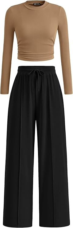PRETTYGARDEN Women's 2 Piece Sets 2026 Fall Long Sleeve Crop Tops Wide Leg Pants Matching Outfit ... | Amazon (US)