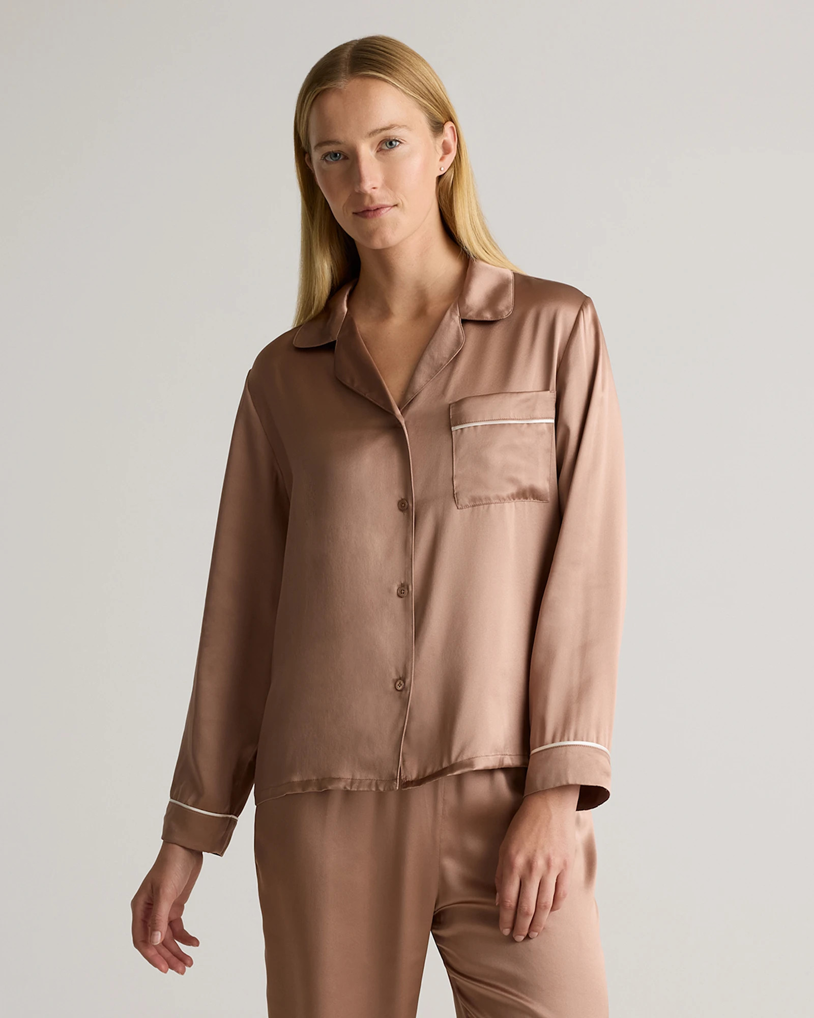 Quince | Women's Satin Pajama Long Sleeve Top with Piping in Tiny Diamonds, Size XL, Mulberry Silk | Quince