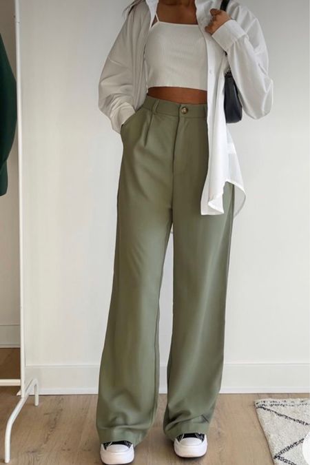 GREEN. i’m obsessed with it. these h&m dress pants are SO cute and affordable. create this casual outfit for something fancier 😍