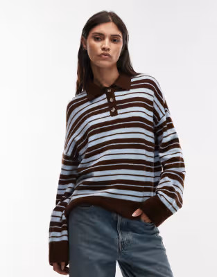 ASOS DESIGN knit fluffy rugby top in blue and brown stripe | ASOS (Global)