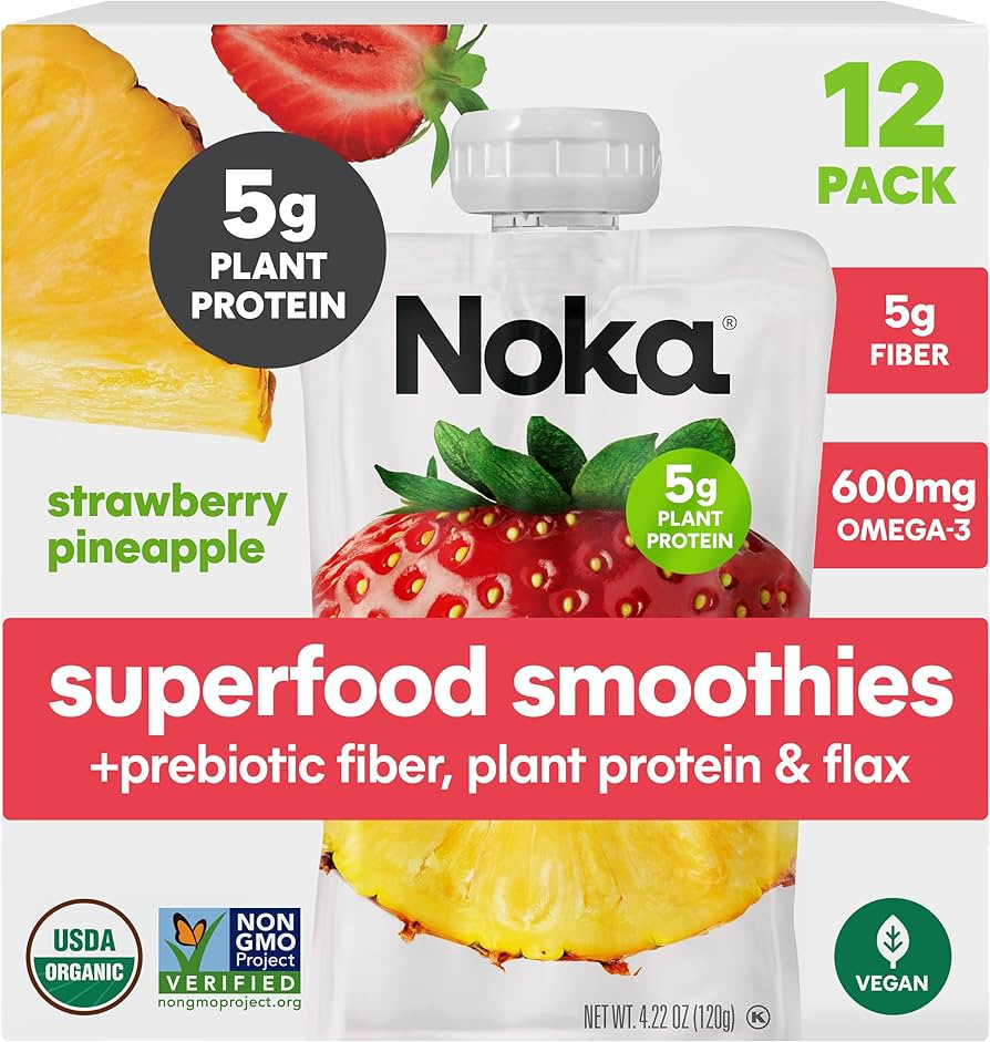 Noka Superfood Fruit Smoothie Pouches, Strawberry Pineapple, Healthy Snacks with Flax Seed, Prebi... | Amazon (US)