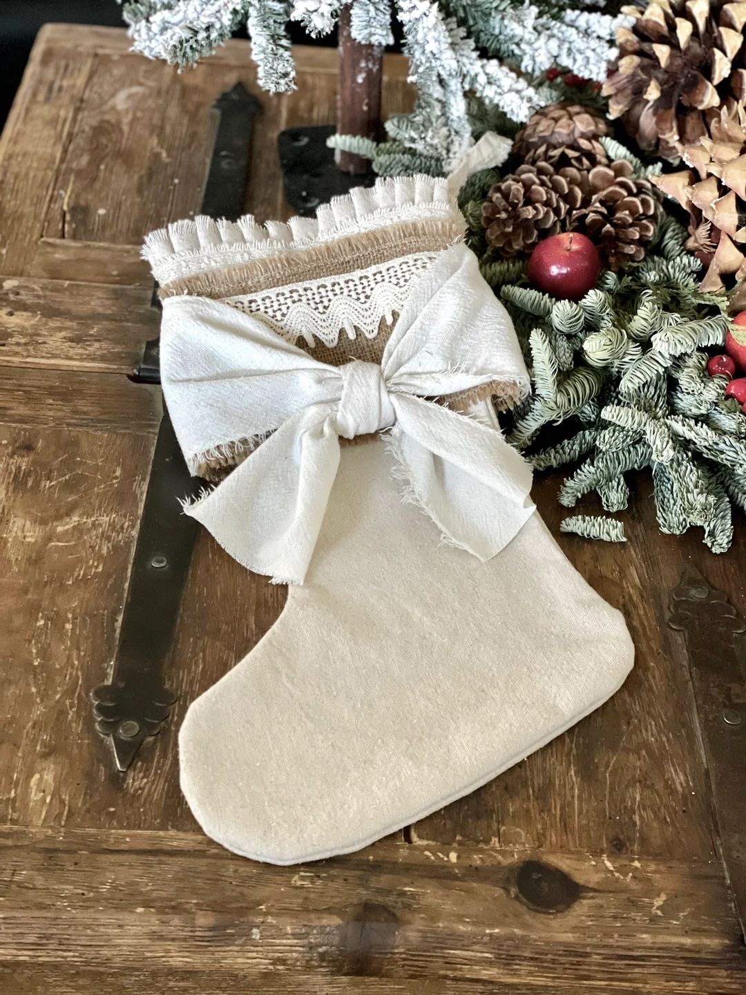 Christmas Stockings Custom  Ruffle Top Canvas Light Beige White Lace Shabby Handmade Personalized... | Etsy (US)