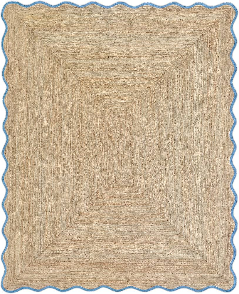 Wave Scalloped Natural Jute Area Rug, Coastal Farmhouse Scallop Rug, Sky Blue (5'x8') | Amazon (US)