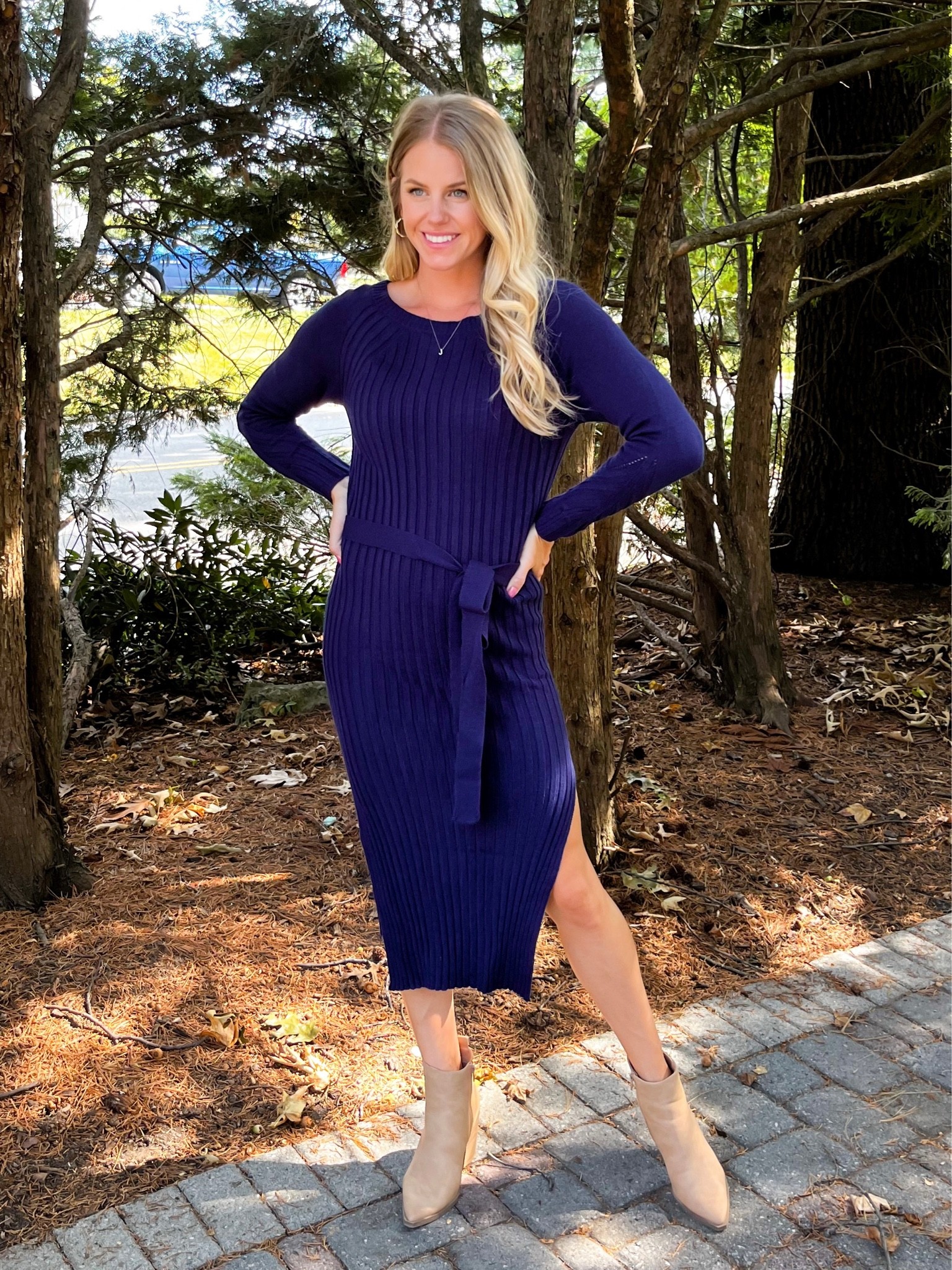 Super cute sweater dress! Love the tie at the waist and the side slit. Runs true to size. Wearing size small! 

#LTKSeasonal #LTKworkwear #LTKunder50