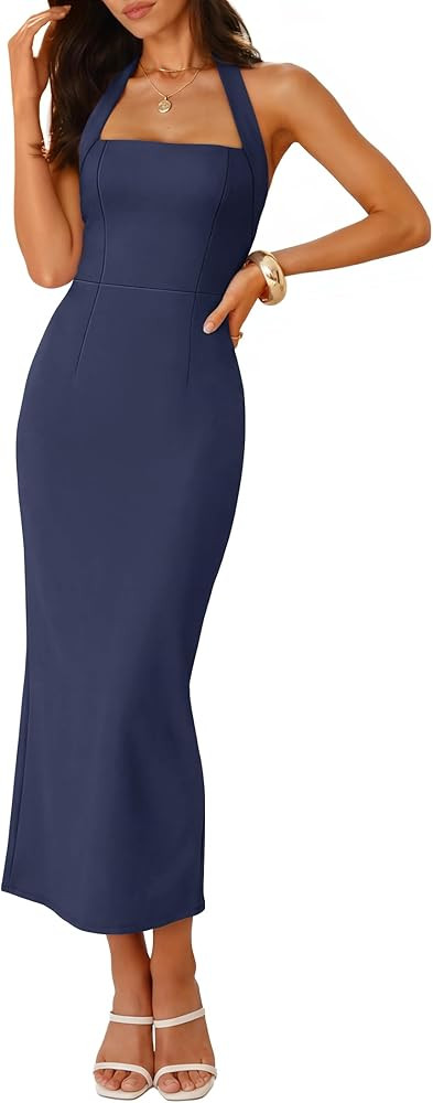 ZESICA Women's 2026 Summer Sleeveless Midi Dress Halter Neck Backless Wedding Guest Cocktail Part... | Amazon (US)
