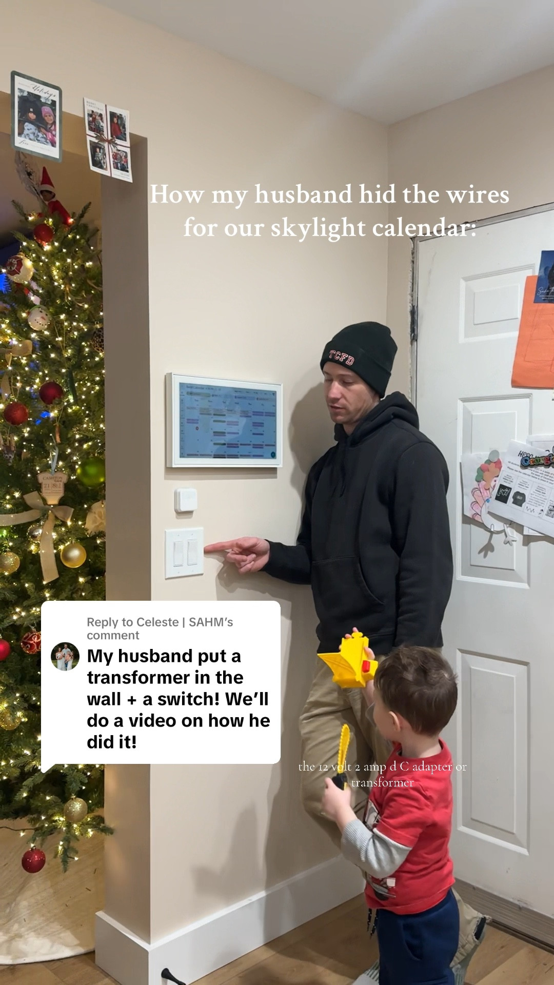 Replying to @Celeste | SAHM I 🔗 the item in my LTK for yall 🫶🏼 

I can’t understand a word this sweet man is saying electrical wise (lol), but he just renovated our entire first floor for me & did a BEAUTIFUL job hiding the wires for our @Skylight Frame Calendar!! 

#electrician #howtohidewires #skylightcalendar #bluecollarhusband #diy 

#LTKGiftGuide #LTKHoliday #LTKHome