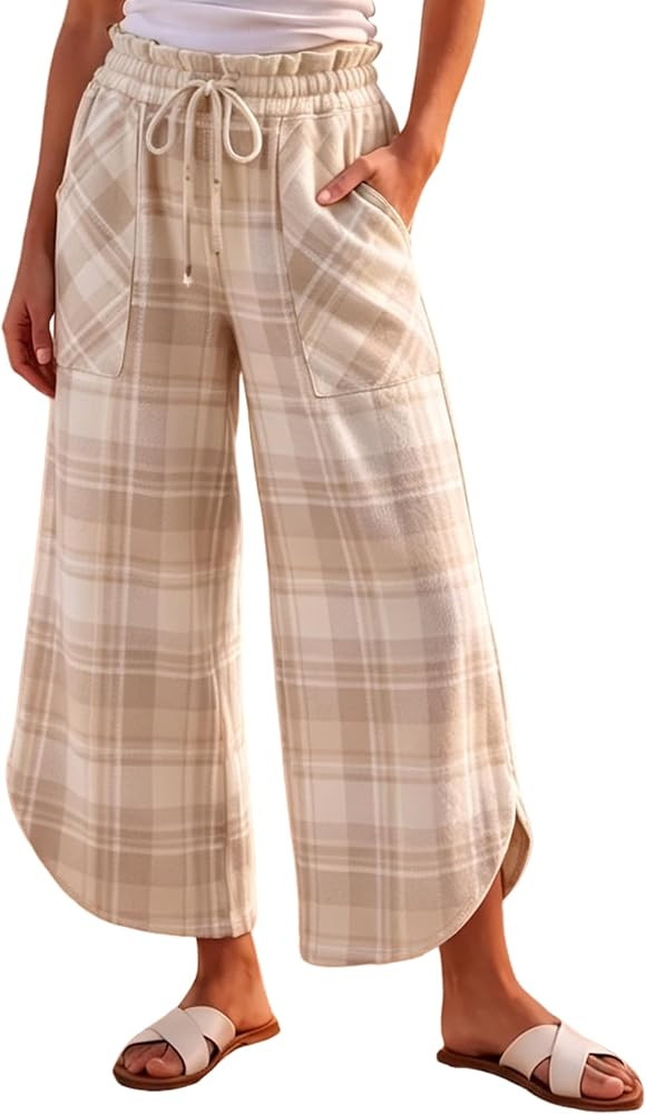 Yeokou Women's Gingham Pants Drawstring Wide Leg Palazzo Trousers | Amazon (US)