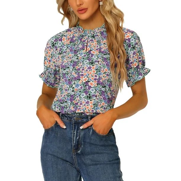 Unique Bargains Women's Floral Ruffled Neck Short Sleeves Top Blouse | Walmart (US)
