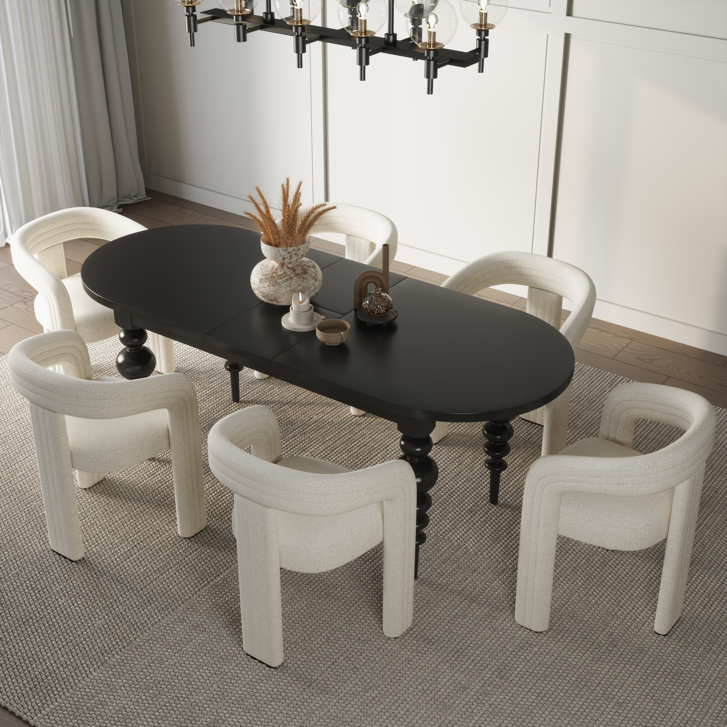 Dining Table Set 67"-79" Oval Extendable Dining Table Black & 6 White Boucle Back C-Shaped Dining Chairrs | Homary