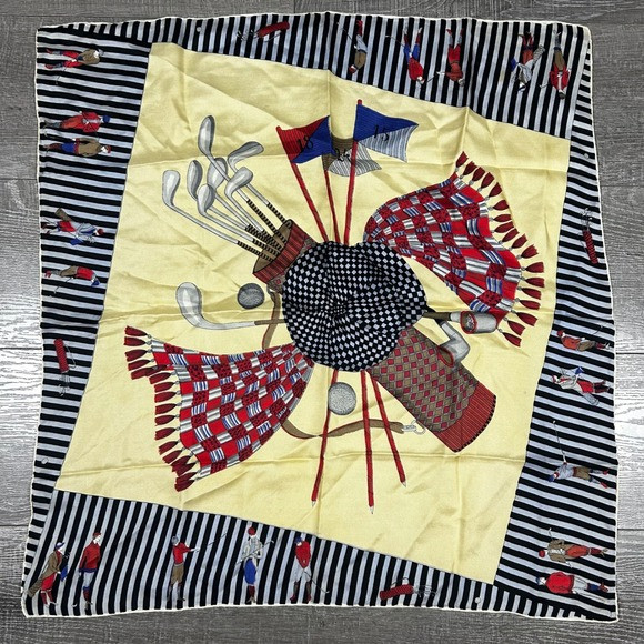 Vintage Golf Themed Silk Scarf Polo Golfers Flags Bag Clubs Yellow Black Red | Poshmark