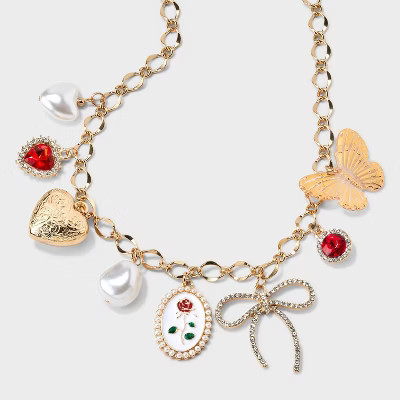 Butterflies, Hearts and Bows Chunky Charm Pendant Necklace - Wild Fable™ Gold/Red: Steel Chain, Lobster Claw Clasp, 16" Length | Target