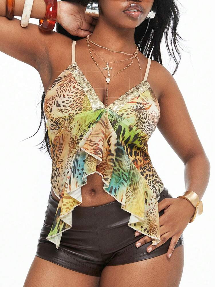 Vadaroq Women's Summer Vacation Beach Vintage Boho Y2K Leopard Graphics Stretchy Comfortable Mesh Sequin Tank Top | SHEIN