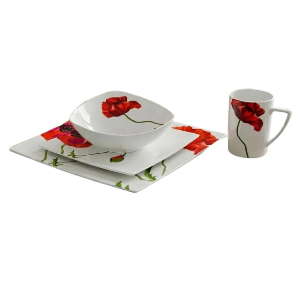 Red and White Four Piece Square Floral Bone China Dinnerware Set | Shop Simon