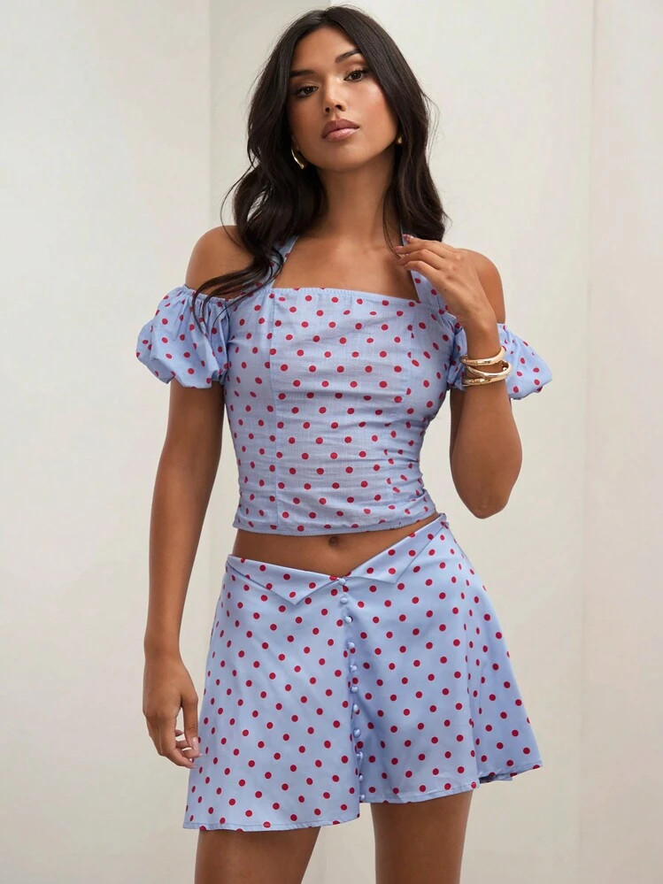 COSMINA Women's Casual Going Out Holiday Outfits Polka Dot Print Off-Shoulder Crop Halter Top | SHEIN