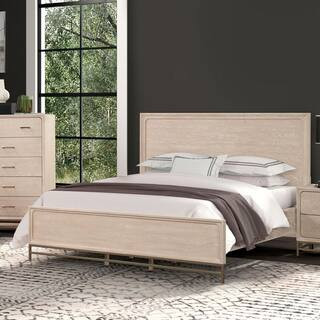 Lena Light Oak Beige Wood Frame Queen Platform Bed with Panel Footboard and Metal Legs | The Home Depot