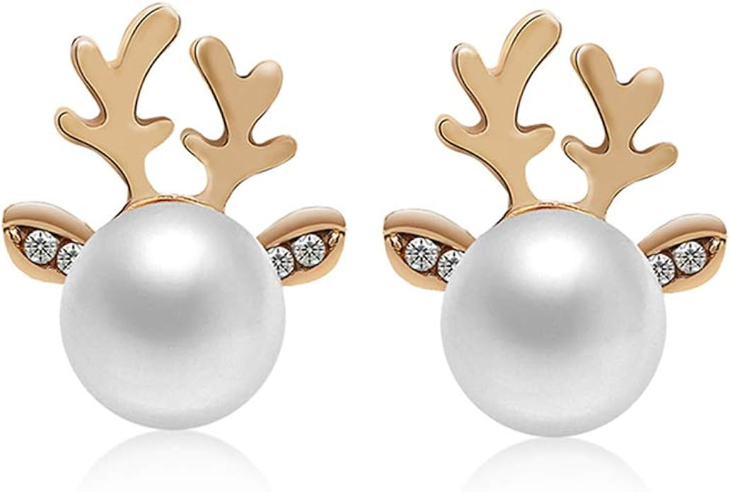 ROSTIVO Christmas Earrings for Women Stud Earrings Cute Faux Pearl Antler Earrings (Gold) | Amazon (US)