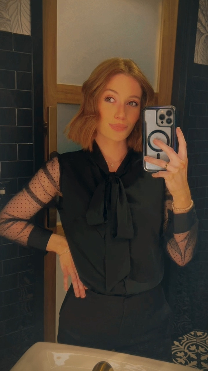 Black silk formal bow shirt 

#LTKSeasonal #LTKHoliday #LTKWorkwear