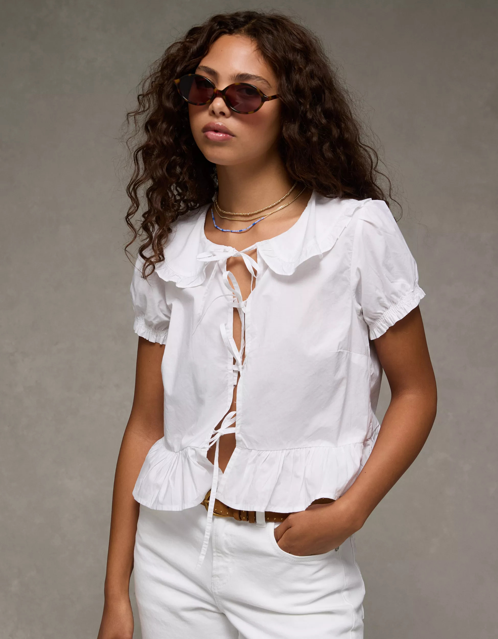 AE Collared Puff Sleeve Tie Front Blouse | American Eagle Outfitters (US & CA)