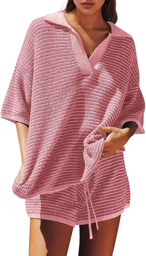 Dokuritu Womens Short Sets 3/4 Sleeve Striped Oversized Sweater Set Casual V Neck Knit Tops High ... | Amazon (US)
