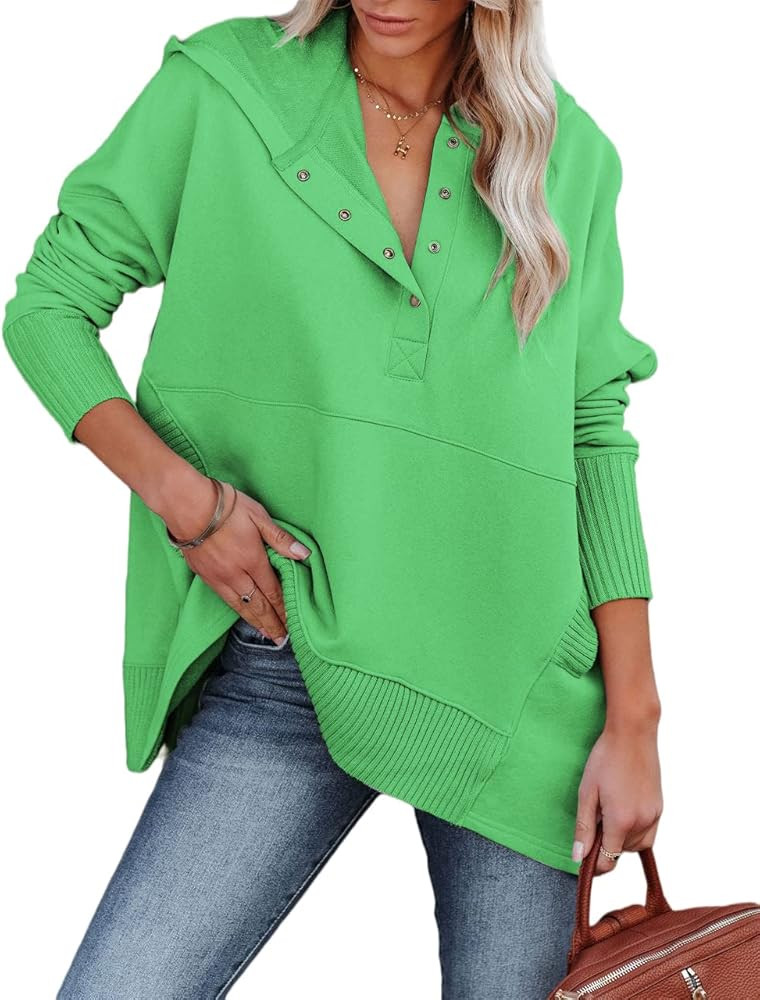 Zwurew Women Casual Henley Hoodie Pullover V Neck Oversize Sweatshirt with Pocket Green at Amazon... | Amazon (US)