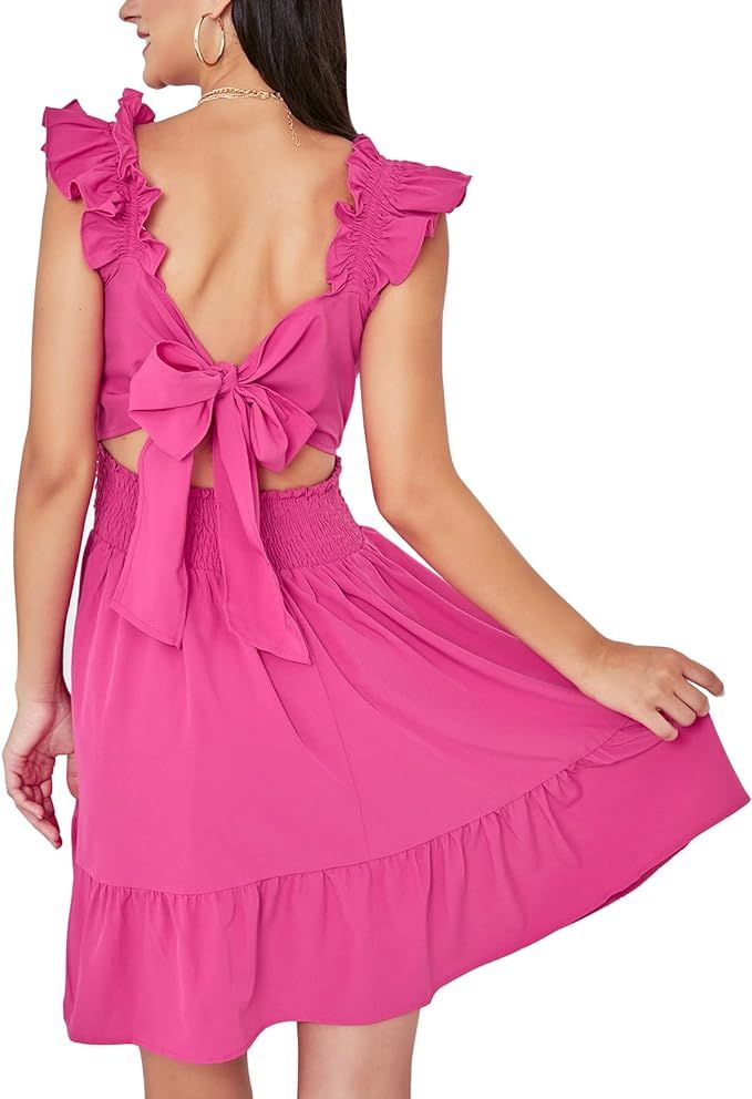 EXLURA Women's Square Neck Tie Back Ruffle Strappy Ruched Short Mini Dress Smocked Backless Tank ... | Amazon (US)
