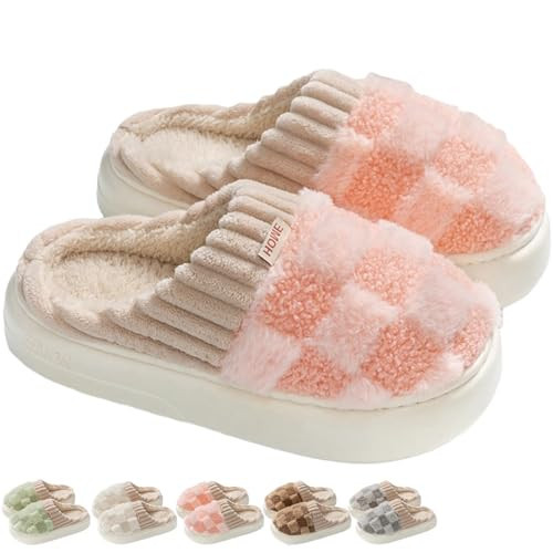 iwhgrmp Checkered Slippers for Women Men Indoor Warm Cozy Winter Fuzzy Slippers Unisex Plush Plaid Home Bedroom House Shoes Slip On Non-Slip (Small,Pink,Medium,Small,Women) | Amazon (US)