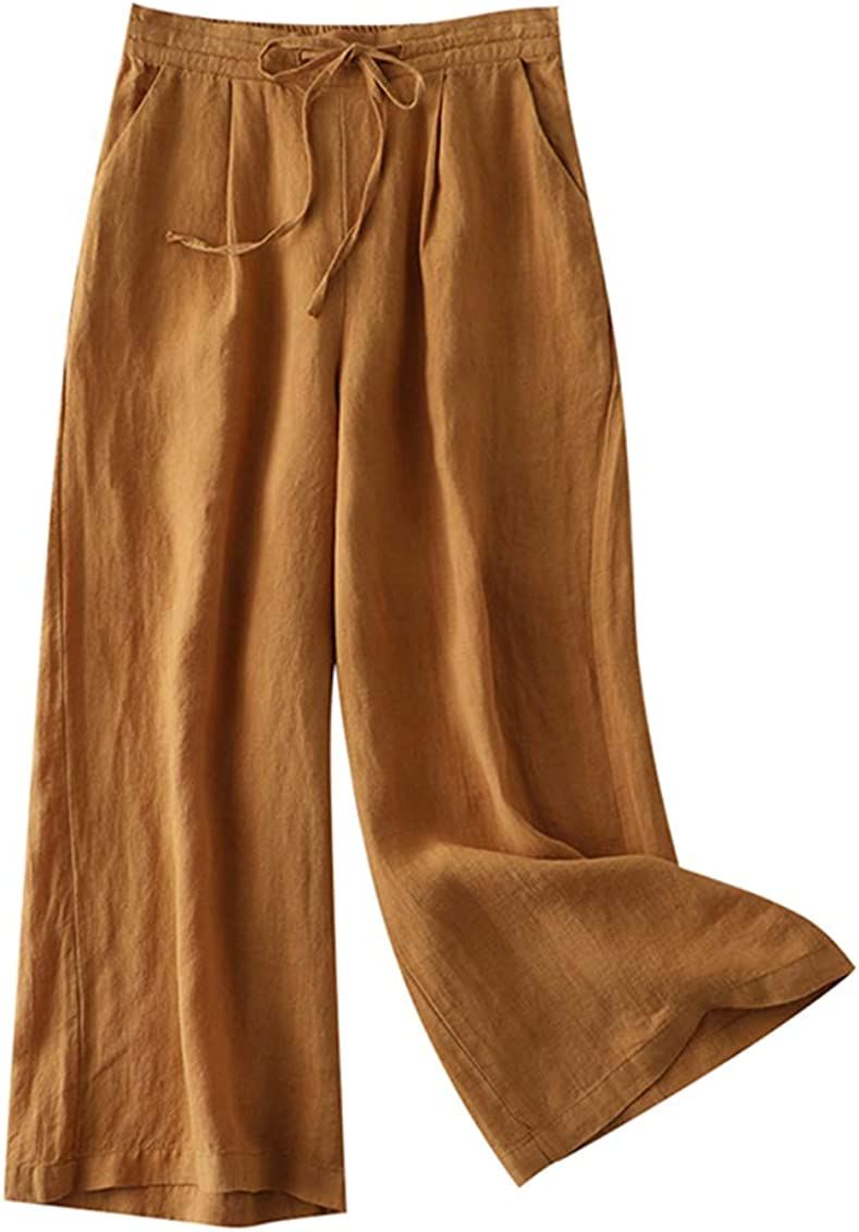 LaovanIn Women's Wide Leg Palazzo Pants Linen Drawstring Cropped Pants Trousers Culottes | Amazon (US)