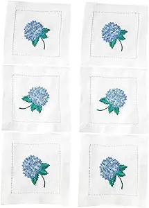 HCRAFT Embroidered White Cocktail Napkins 6"x6" Set of 6 Cloth Napkin Coasters, Hydrangea Embroid... | Amazon (US)