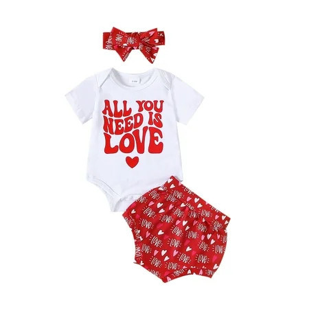 Toddler Kids Baby Outfits Valentine s Day Cartoon Love Heart Letter Printed Outfit Girls Summer Short Sleeve Prints Romper And Shorts 3PCS Outfits Clothes Set For Children Clothes For Child | Walmart (US)