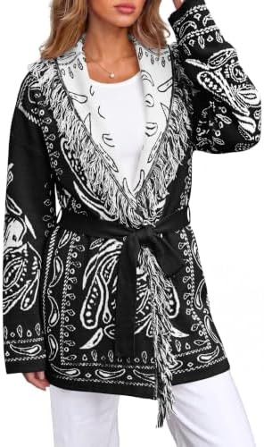 Saodimallsu Womens Fall Tassel Shawl Collar Cardigan Paisley Wrap Sweaters | Coats with Belt,Long... | Amazon (US)