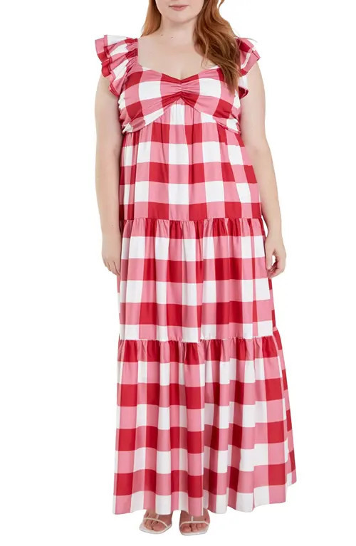 English Factory Gingham Tiered Maxi Dress in Red/White at Nordstrom, Size 1X | Nordstrom