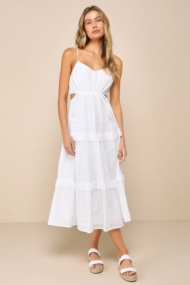 Summertime Babe White Eyelet Embroidered Cutout Midi Dress | Lulus